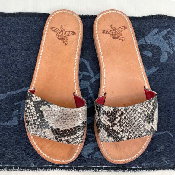 Freebird by Steven Golden Leather Sandals Python Snakeskin Reptile Slides Size 6 - Picture 3 of 13